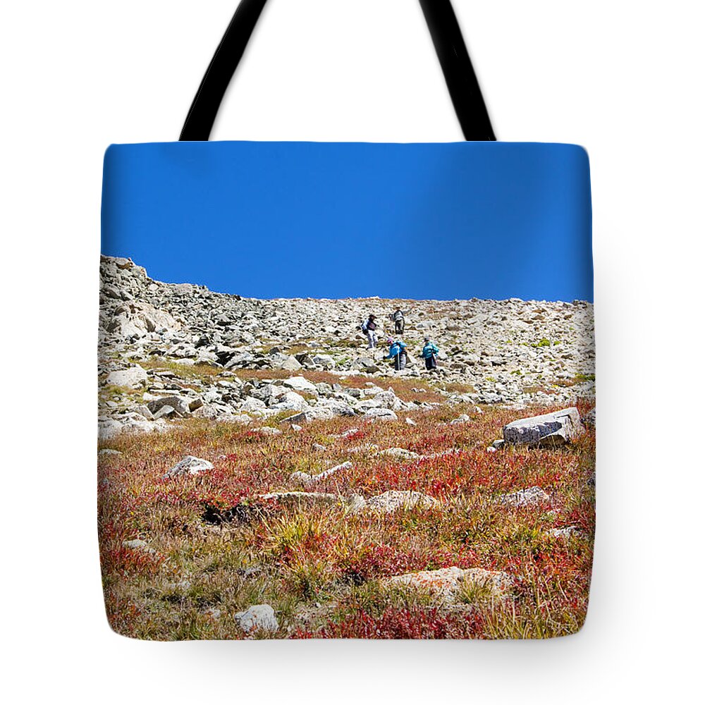 Hiking Tote Bag featuring the photograph Hikers Climbing Down from Summit on Mount Yale Colorado by Steven Krull