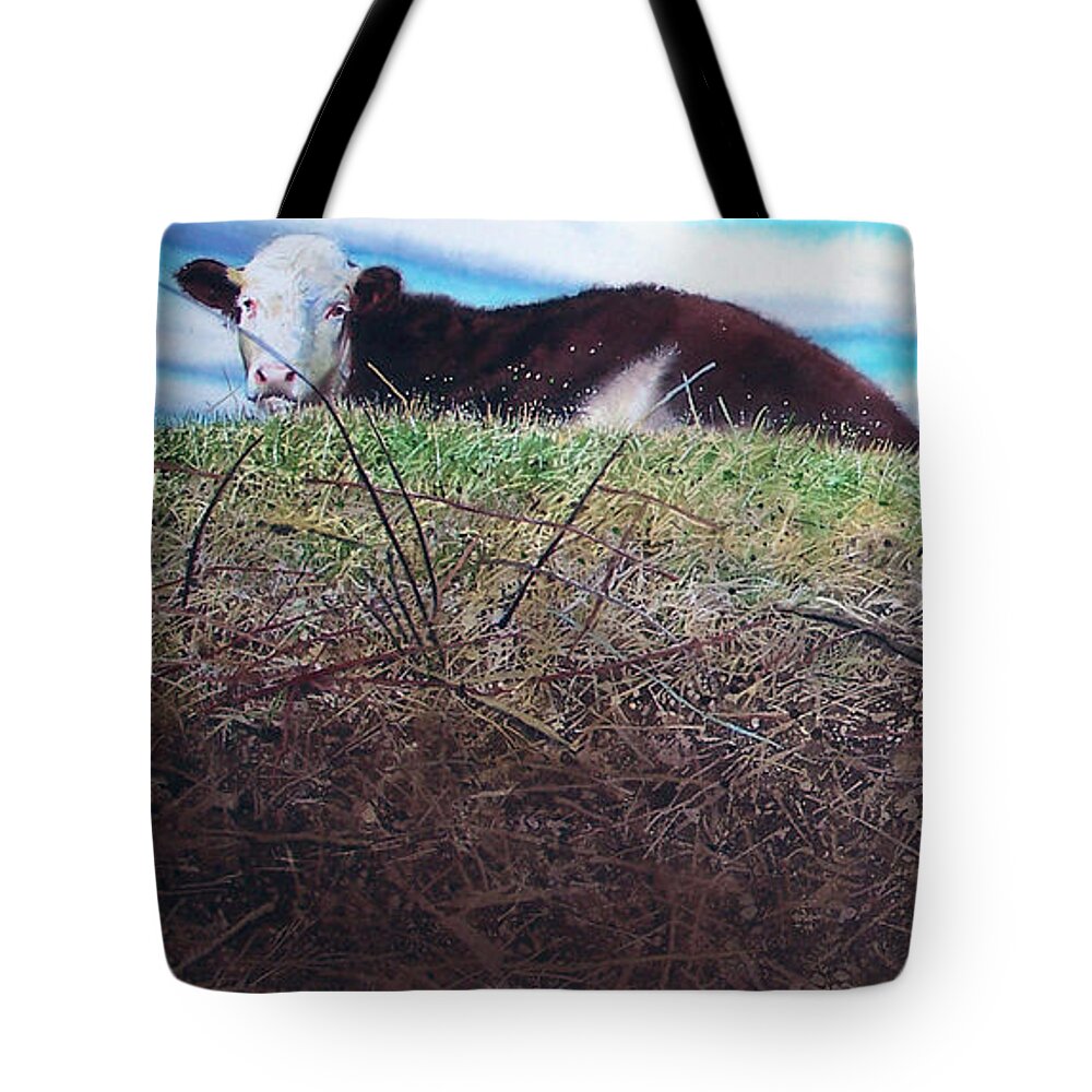 Steers Tote Bag featuring the painting Hillside Retreat by Denny Bond