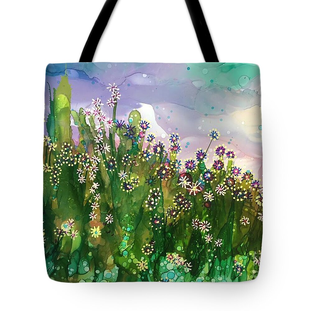 Landscape Tote Bag featuring the painting Hilltop Flowers by Nancy Koehler