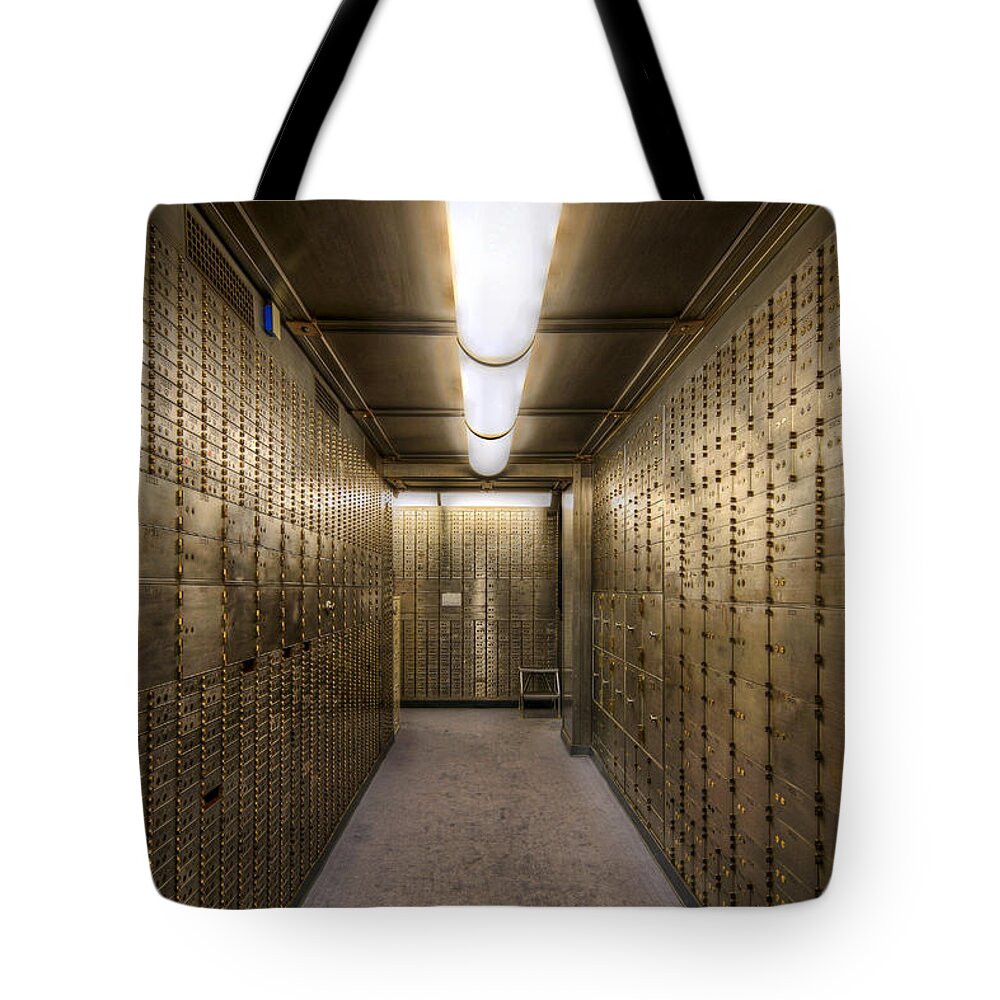 Safe; Deposit; Box; Historic; Bank; Basement; Grunge; Hdr; Monetary; Financial; Institution; Business; Portland; Oregon; United States; Us National Bank; Vault; Locked; Cash; Precious; Valuables; Metals; Personal; Jewelry; Safety; Secured; Tote Bag featuring the photograph Historic Bank Safe Deposit Box by David Gn