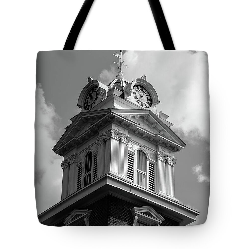 Gwinnett County Courthouse Steeple Tote Bag featuring the photograph Historic Courthouse Steeple in BW by Doug Camara