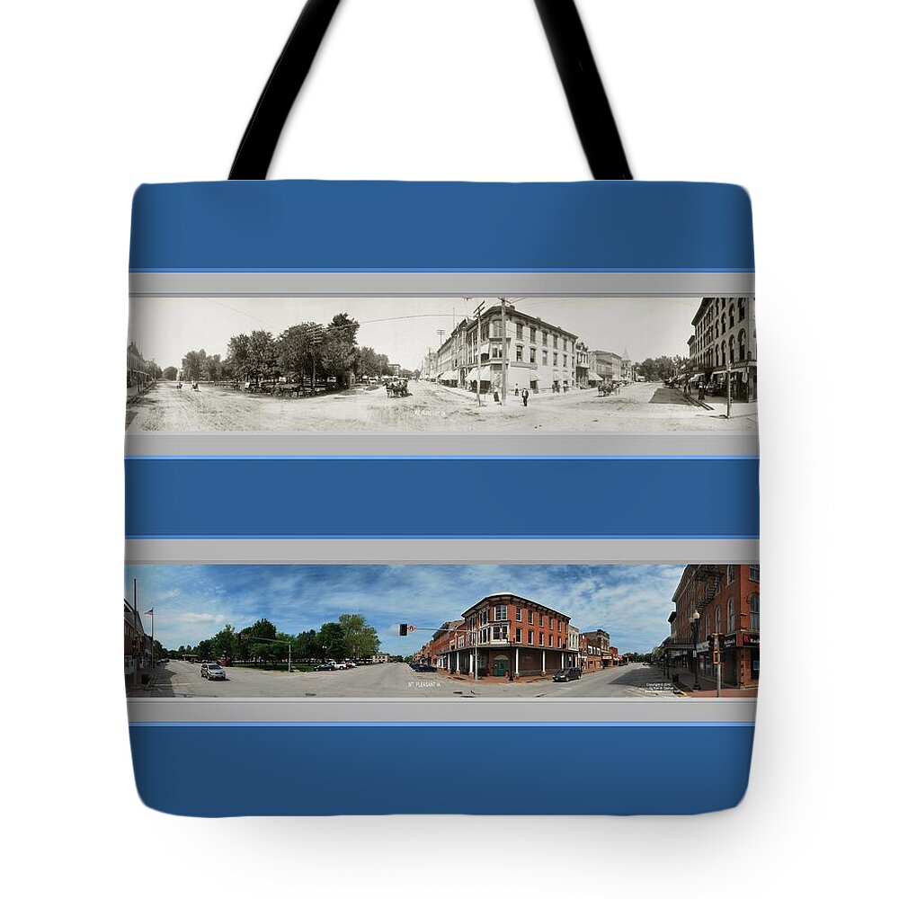 Historic Panorama Panoramic Reproduction Old New Now Then Mount Pleasant Mt Iowa Tote Bag featuring the photograph Historic Mount Pleasant Iowa Panoramic Reproduction by Ken DePue