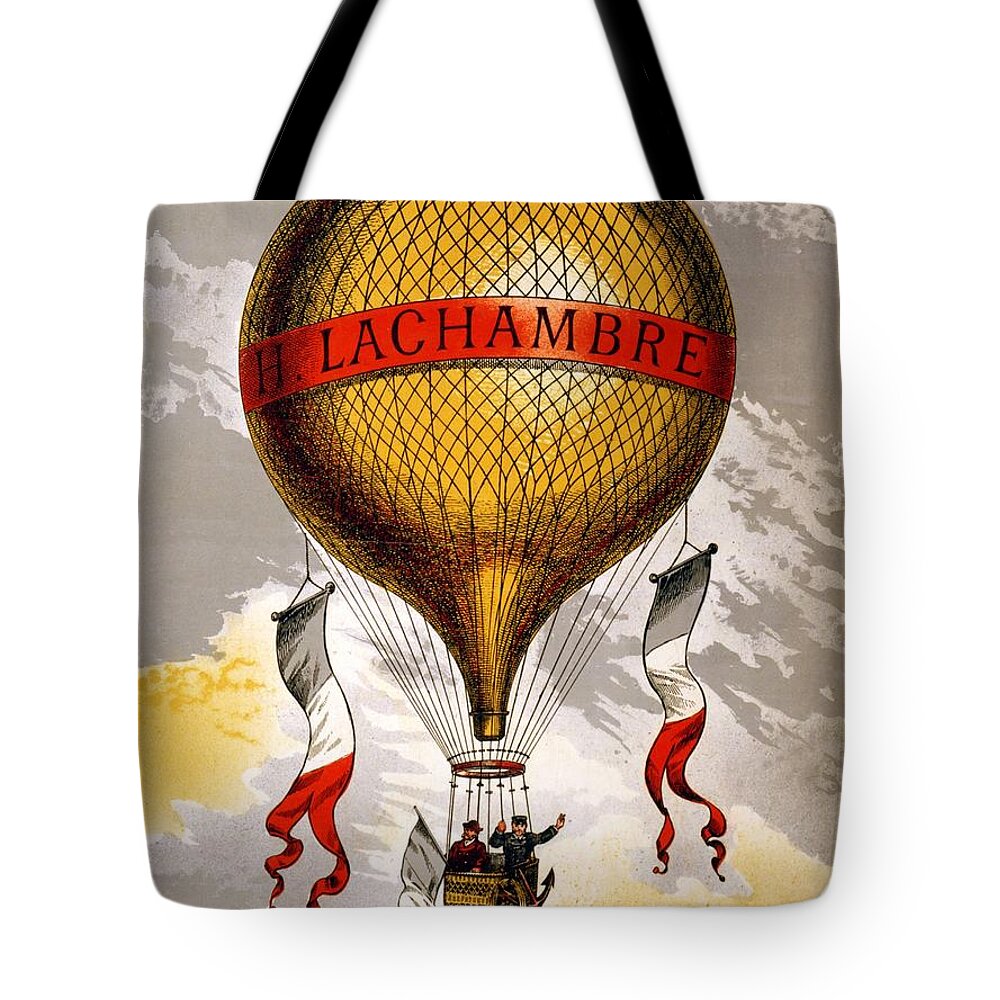 H.lachambre Tote Bag featuring the mixed media H.Lachambre - Two Men Flying in a Hot Air Balloon - Retro travel Poster - Vintage Poster by Studio Grafiikka