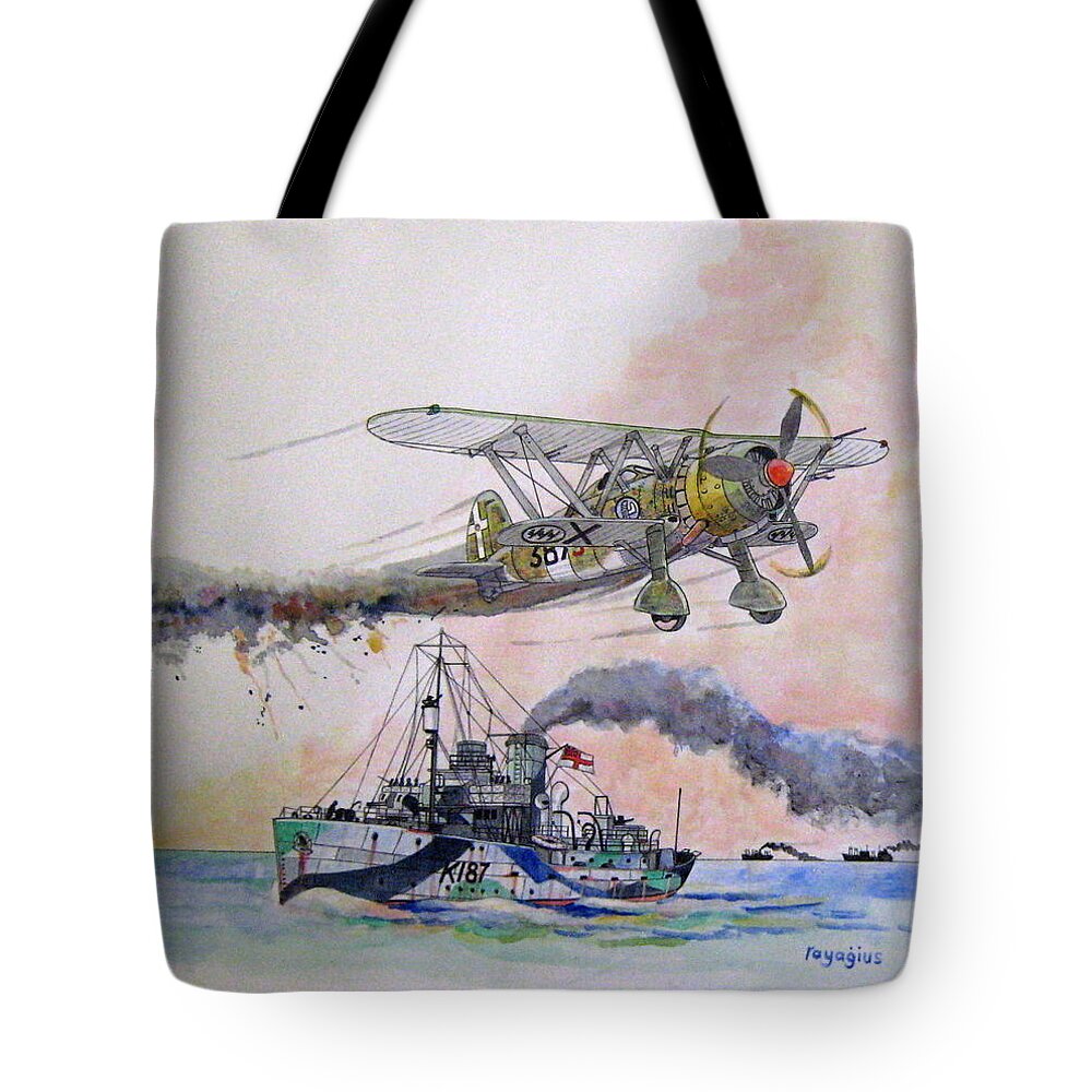 British Tote Bag featuring the painting HMS Armeria by Ray Agius