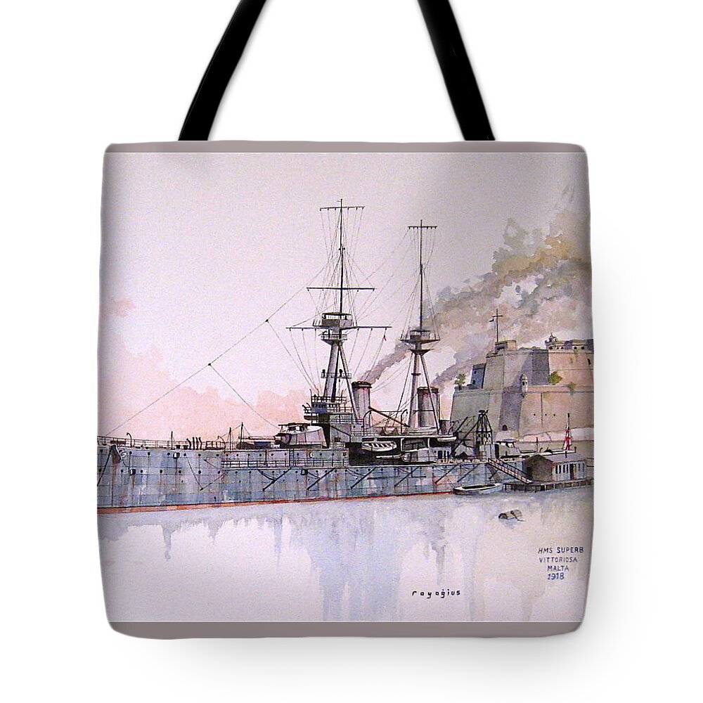 Royal Navy Tote Bag featuring the painting HMS Superb by Ray Agius