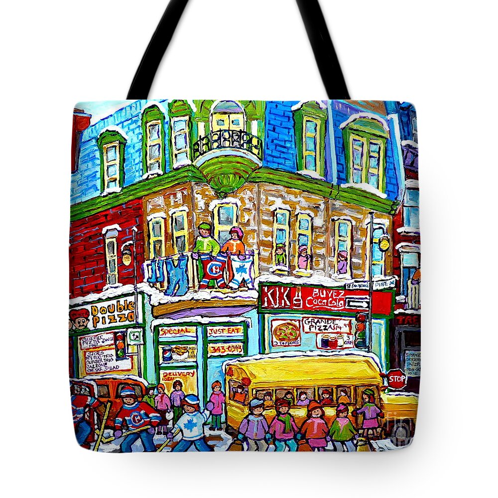 Montreal Tote Bag featuring the painting Hockey Art Winter Street Painting Double Pizza Restaurant Scenes Canadian Artist Carole Spandau   by Carole Spandau