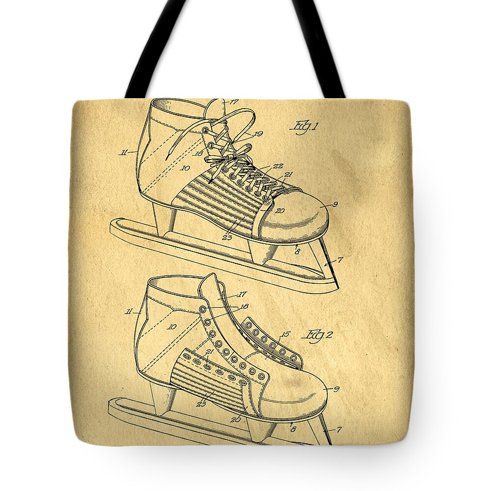 Hockey Tote Bag featuring the digital art Hockey Skates Patent Art Blueprint Drawing by Edward Fielding