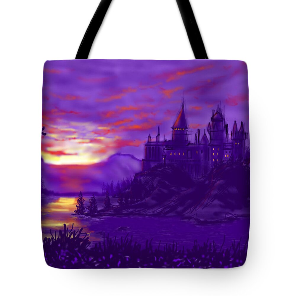 Ipad Art Tote Bag featuring the painting Hogwarts in Purple by Glenn Marshall