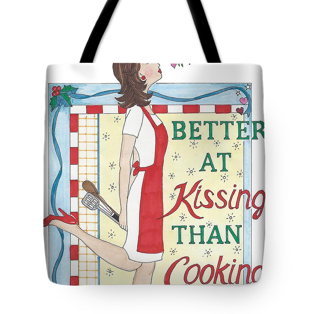 Holiday Tote Bag featuring the mixed media Holiday Kissing Cooking by Stephanie Hessler