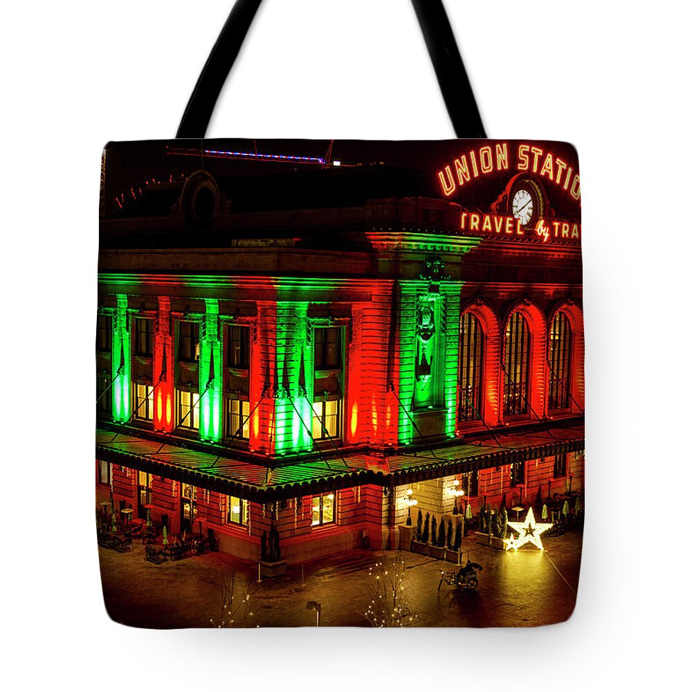 Christmas Tote Bag featuring the photograph Holiday Lights at Union Station Denver by Teri Virbickis