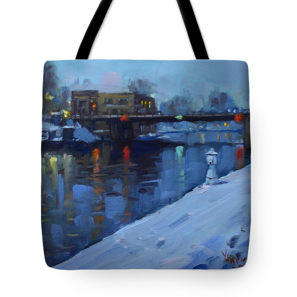 Holiday Lights Tote Bag featuring the painting Holiday Lights in Tonawanda Canal by Ylli Haruni