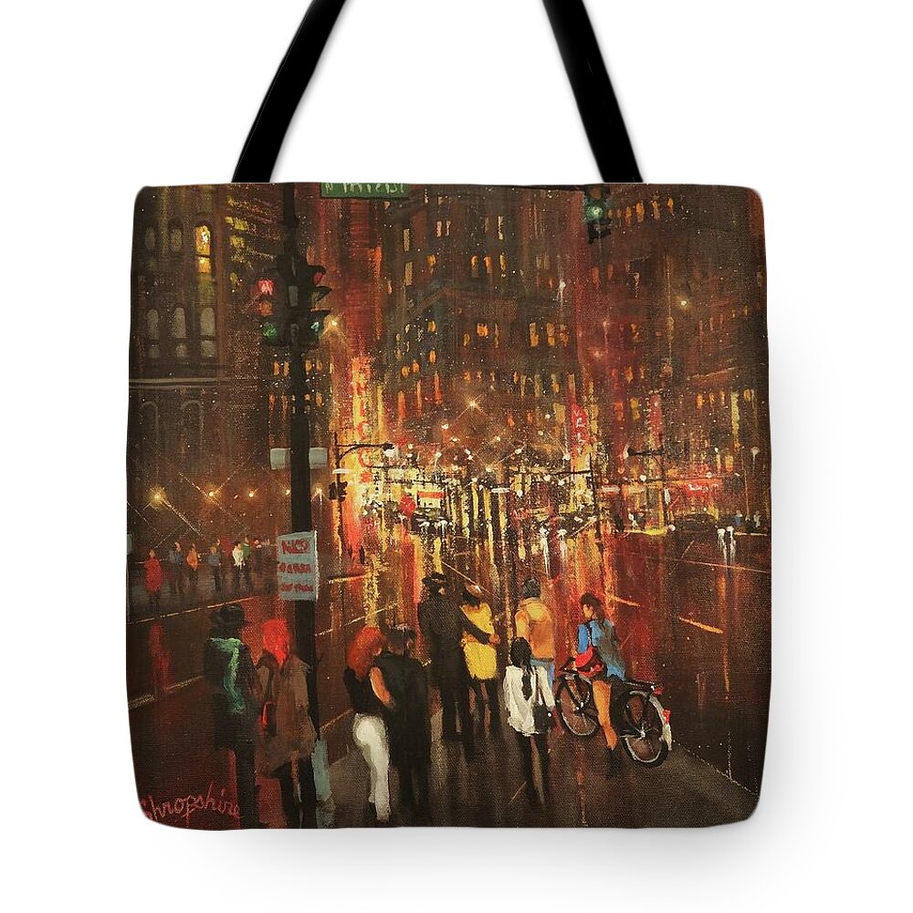 ; Christmas Shopping Tote Bag featuring the painting Holiday Shoppers by Tom Shropshire