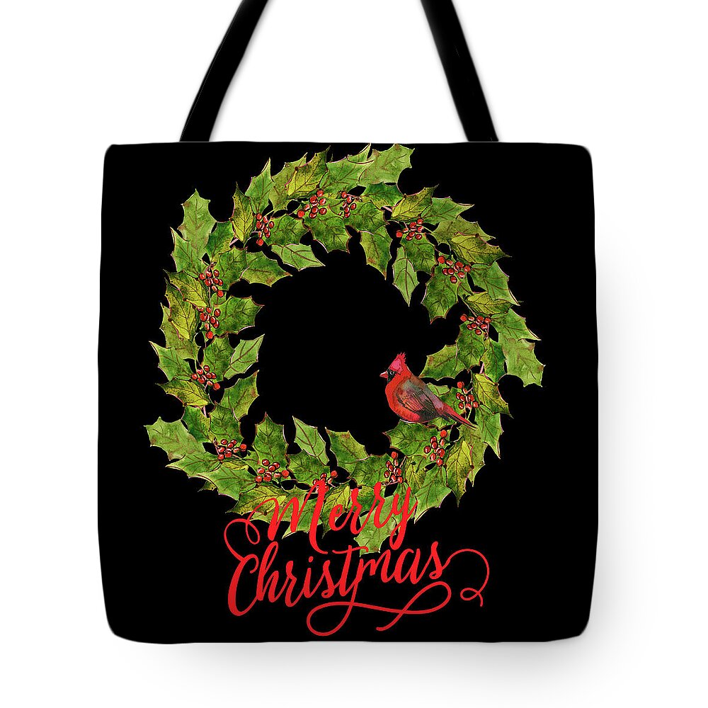 Wreath Tote Bag featuring the digital art Holly Christmas Wreath And Cardinal by HH Photography of Florida