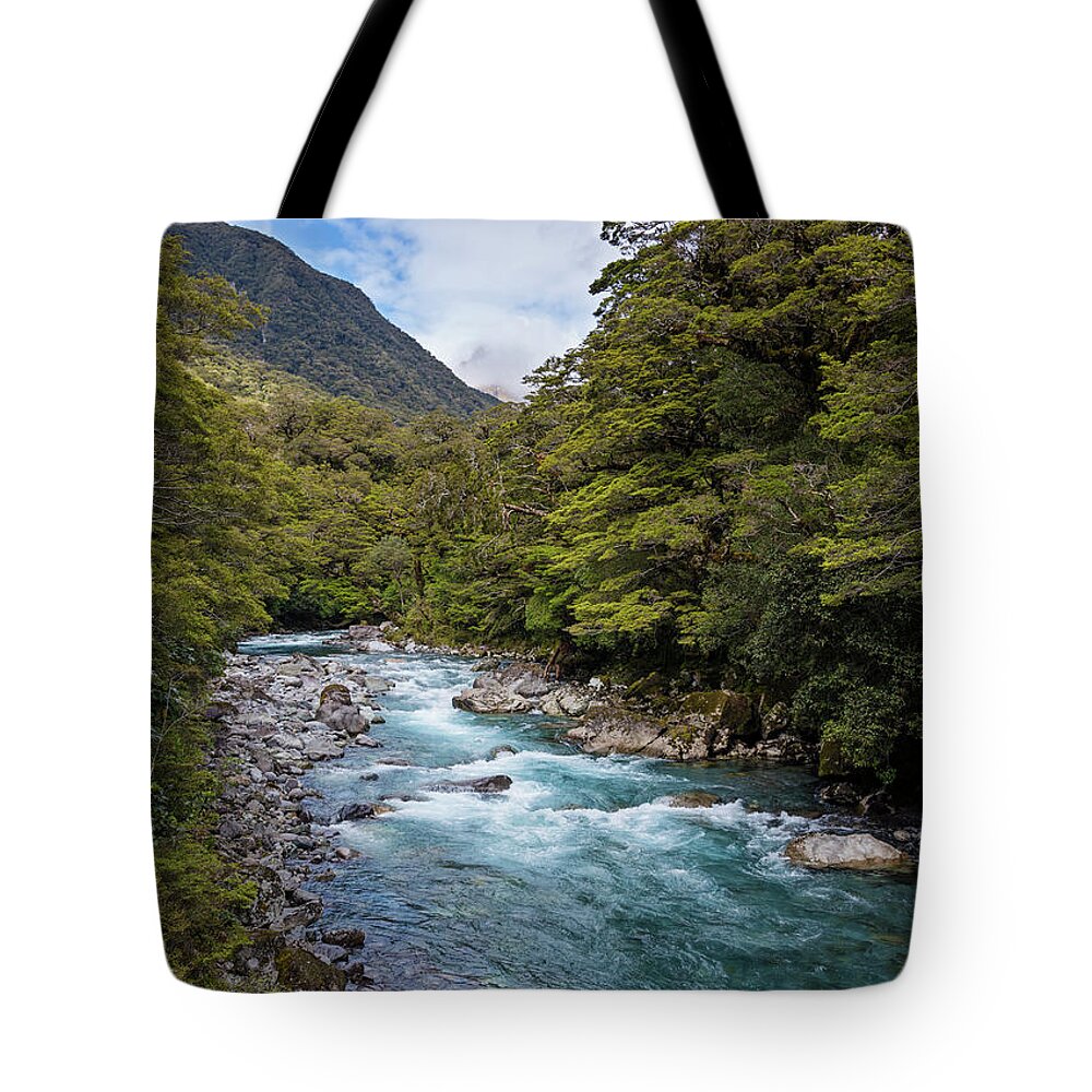 Joan Carroll Tote Bag featuring the photograph Hollyford River New Zealand by Joan Carroll