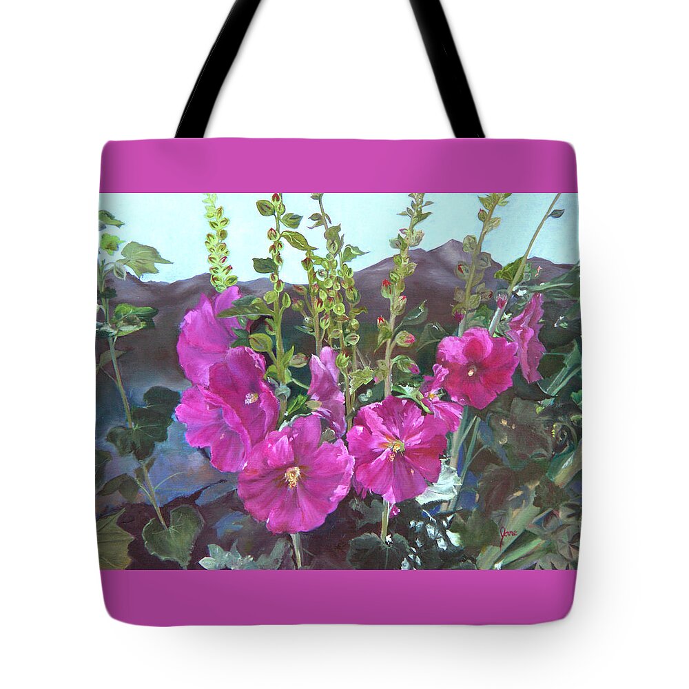 Hollyhocks Tote Bag featuring the painting Hollyhock Necklace by Nila Jane Autry