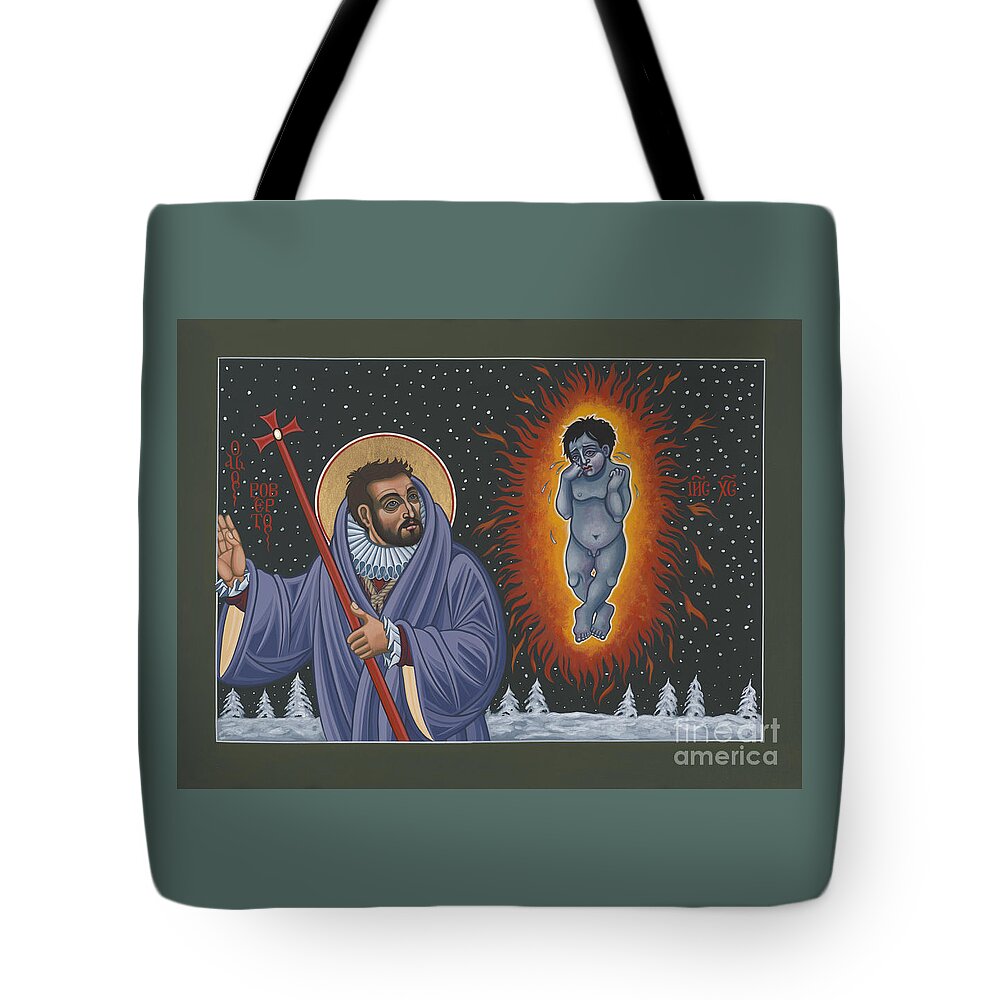 Holy Poet-martyr St Robert Southwell And The Burning Babe Tote Bag featuring the painting Holy Poet-Martyr St Robert Southwell and the Burning Babe 199 by William Hart McNichols