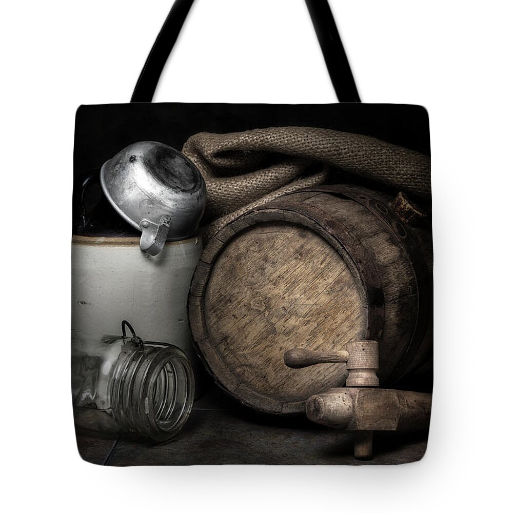 Crock Tote Bag featuring the photograph Homemade Whiskey by Tom Mc Nemar