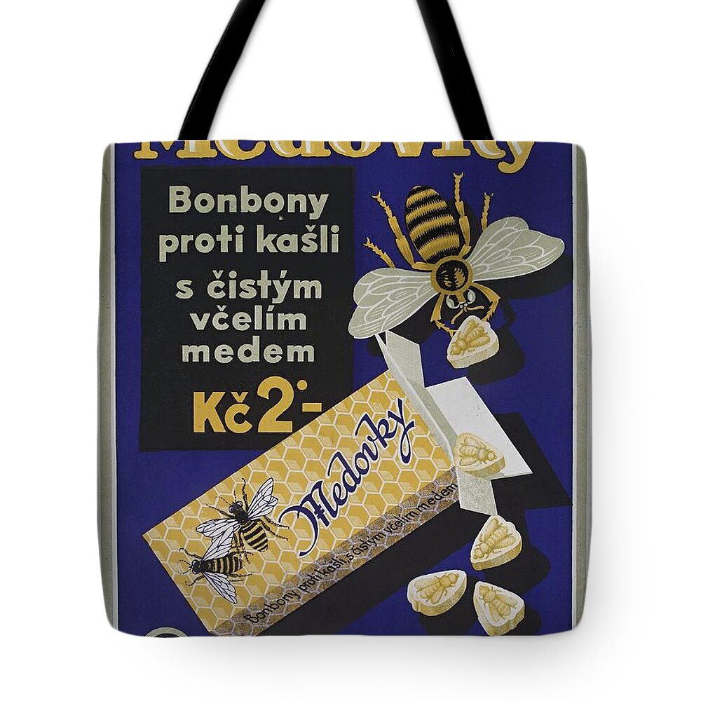 Medovky Tote Bag featuring the painting Honey-flavoured cough sweets in the form of bees. Colour lithograph, ca. 1900. by Vincent Monozlay