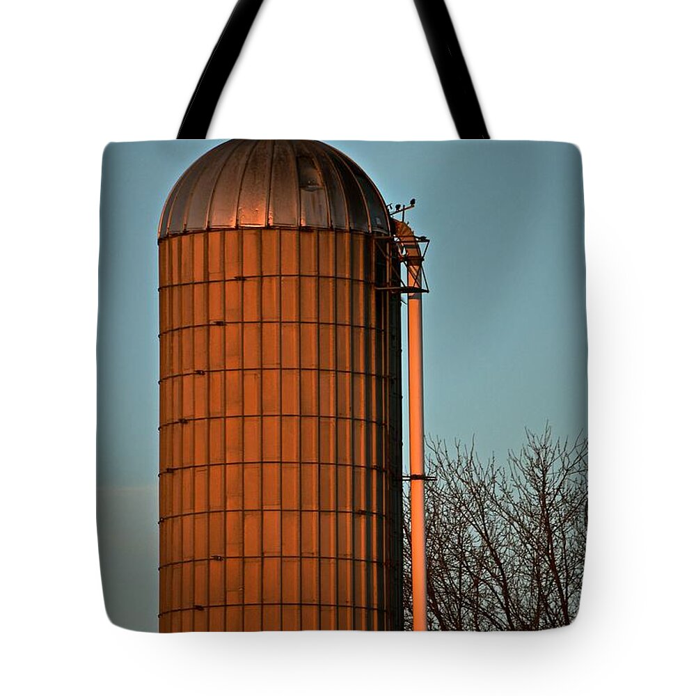 Signs Tote Bag featuring the photograph Hoover Pumps Atop Silo by Tana Reiff