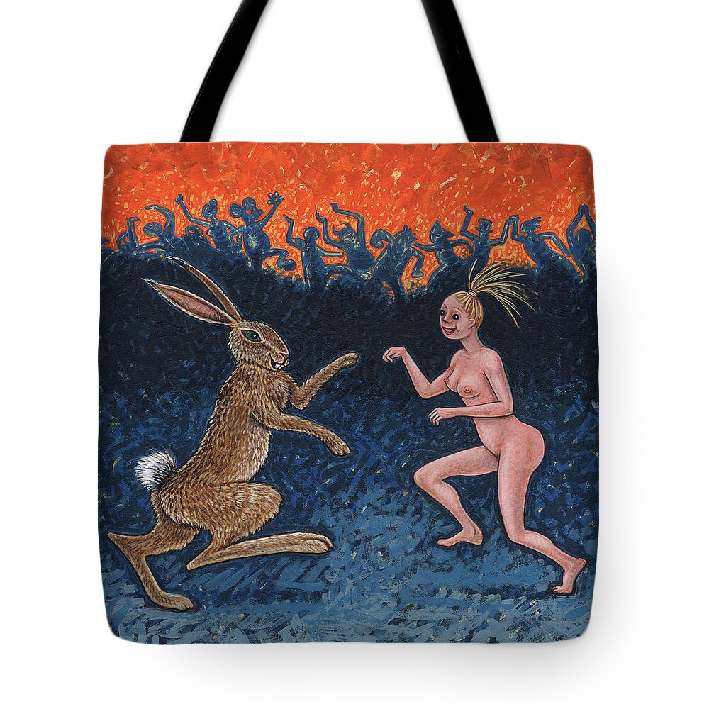 Rabbit Tote Bag featuring the painting Hoppy Dance by Holly Wood