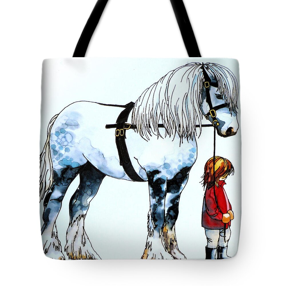 White Horse Tote Bag featuring the painting Horse and groom by Paula Chapman