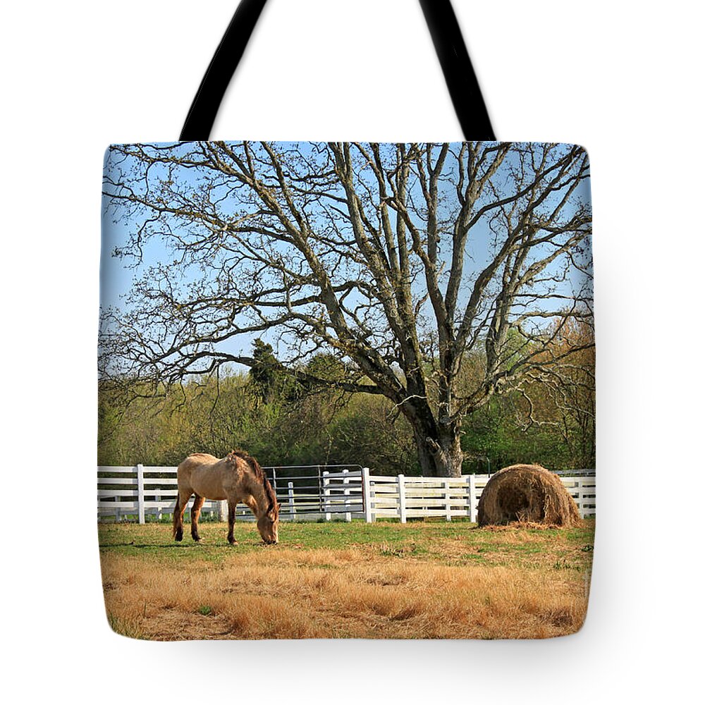 Landscape Tote Bag featuring the photograph Horse and Hay by Todd Blanchard