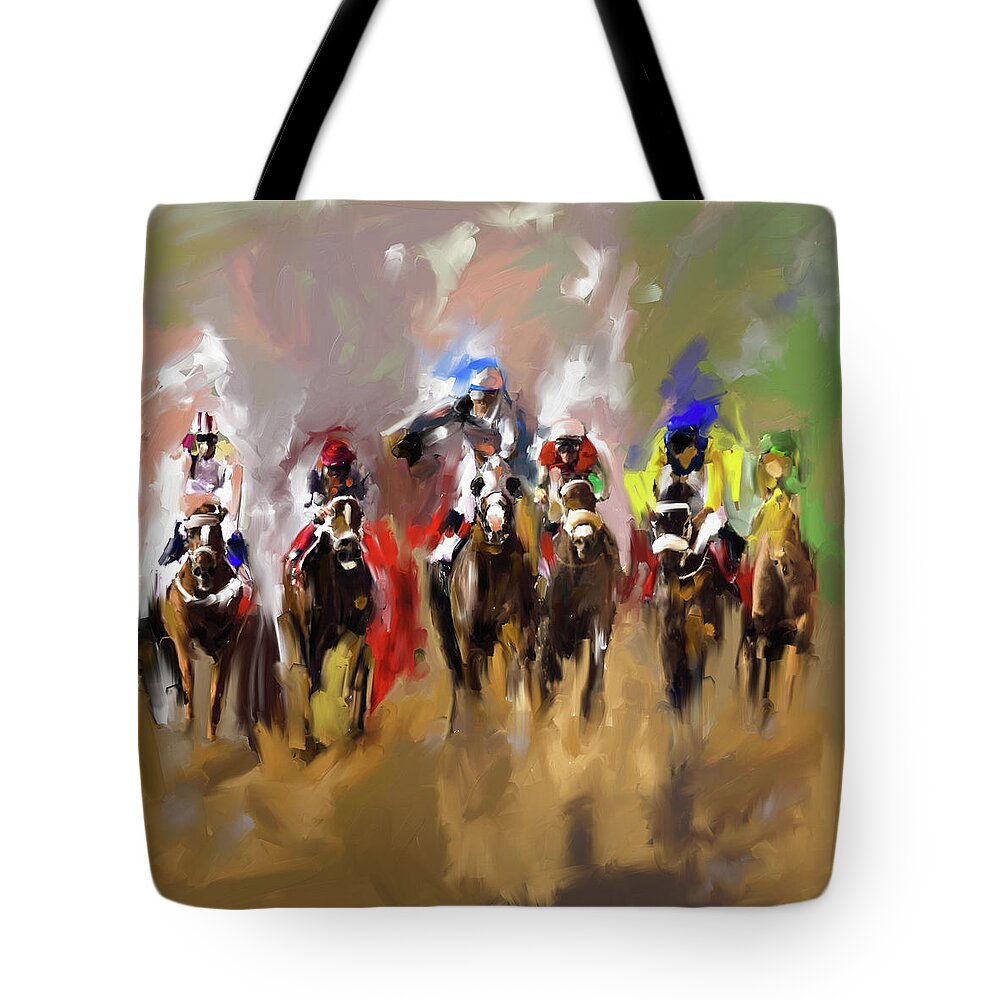 Horses Tote Bag featuring the painting Horse Race I by Mawra Tahreem