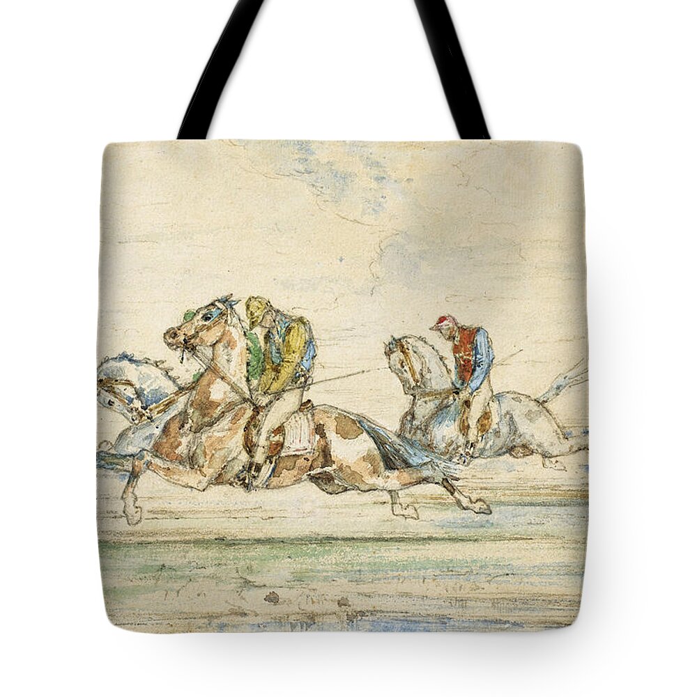 Gustave Moreau Tote Bag featuring the drawing Horse Race with Jockey by Gustave Moreau