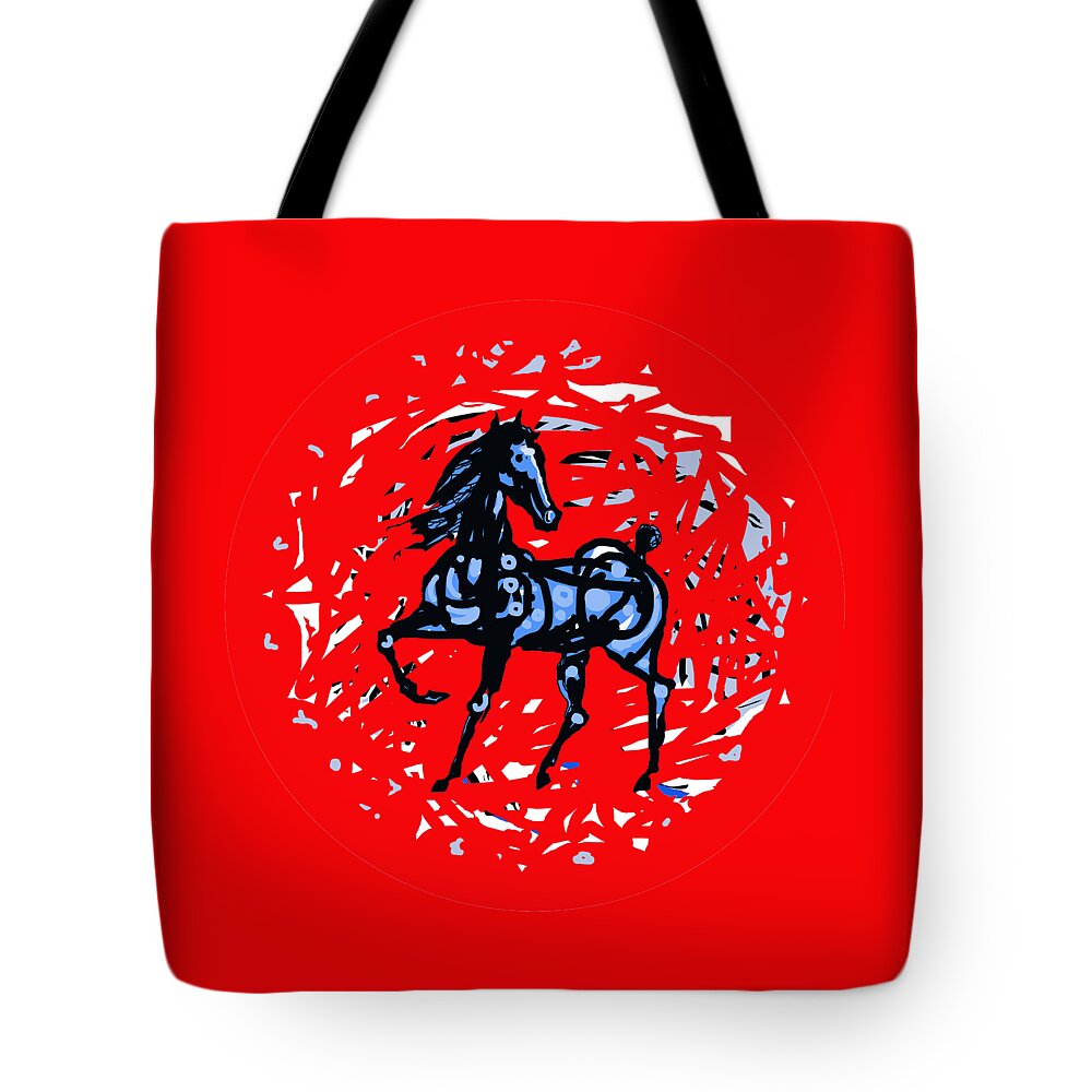 Red Tote Bag featuring the digital art Horse red plate A by Mary Armstrong