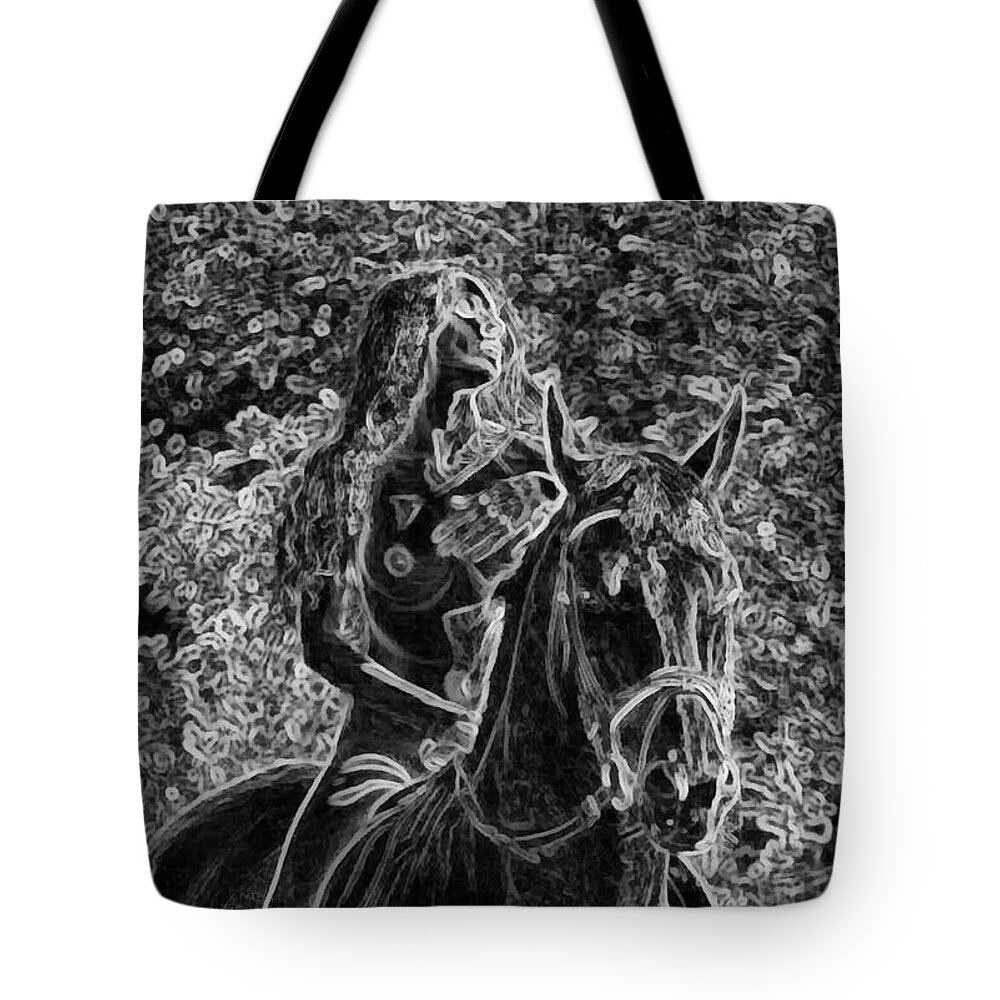 Girl Tote Bag featuring the digital art Horseback Ridingwhite on black by Humphrey Isselt