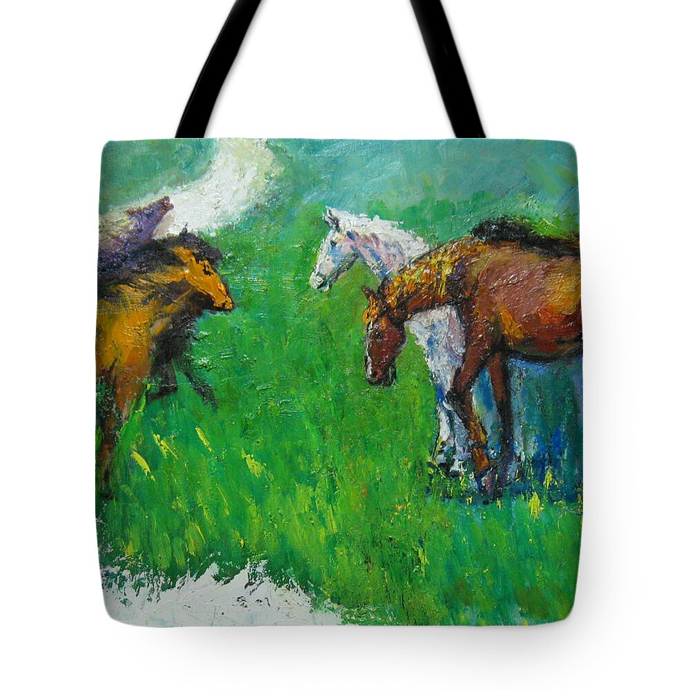 Horses Tote Bag featuring the painting Horses by Guanyu Shi