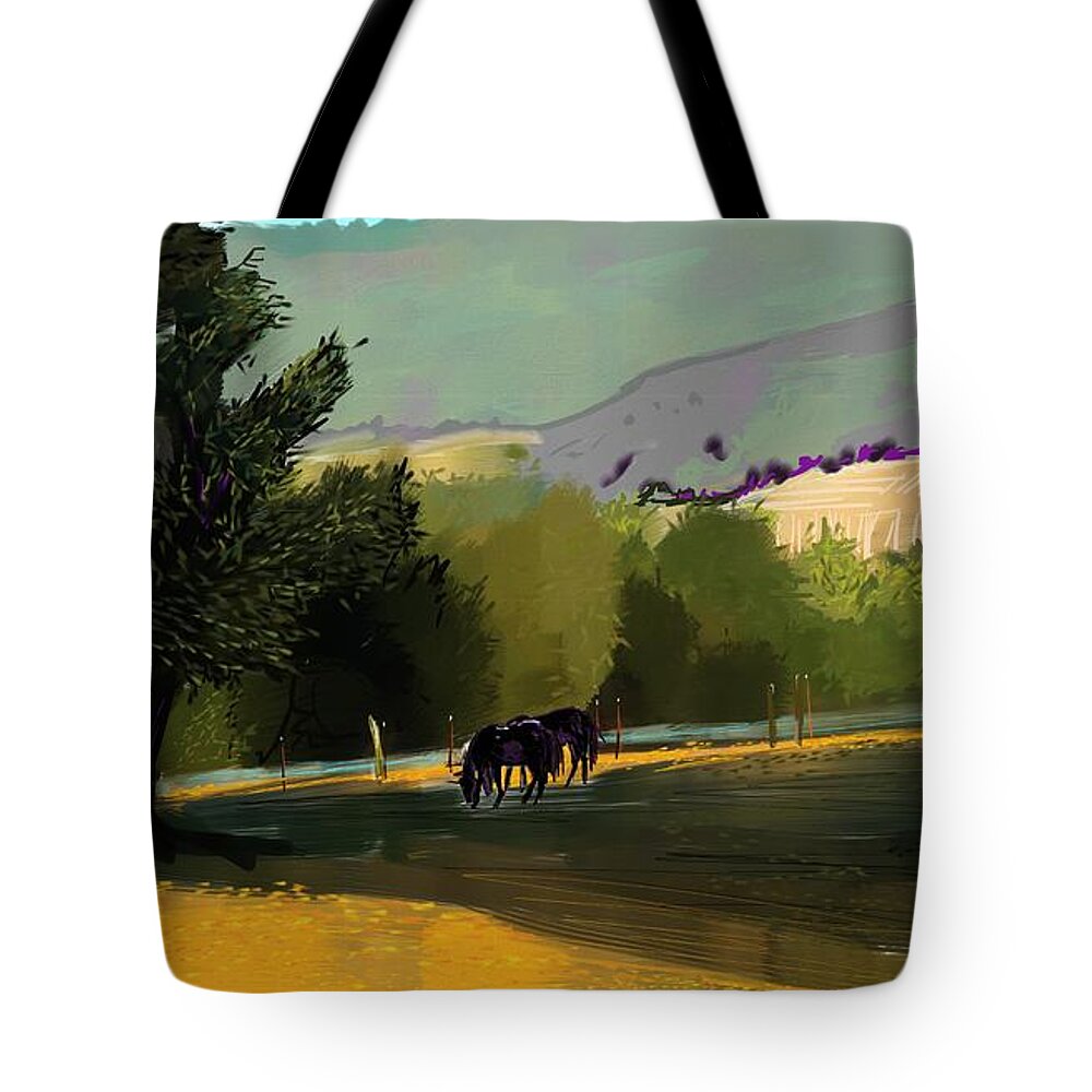 Agriculture Tote Bag featuring the digital art Horses in field by Debra Baldwin