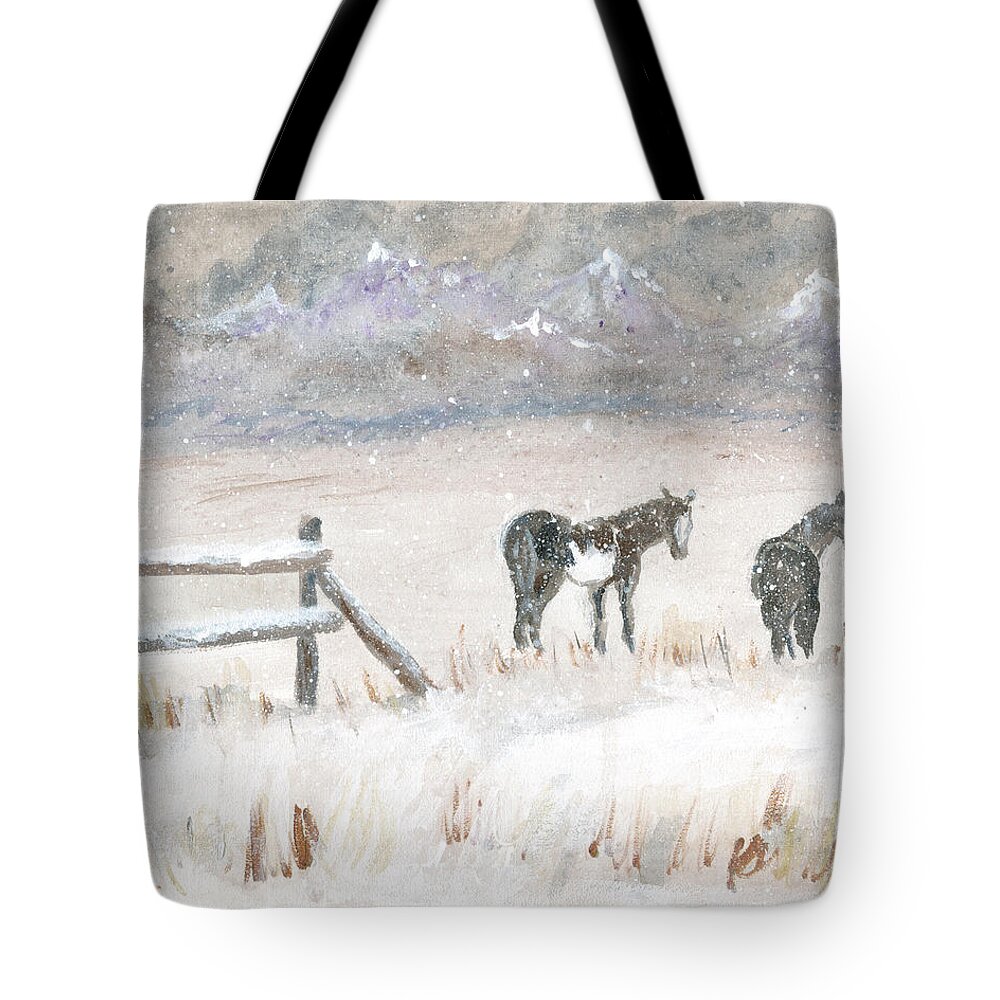 Horses Tote Bag featuring the painting Horses in Snow by Sheila Johns