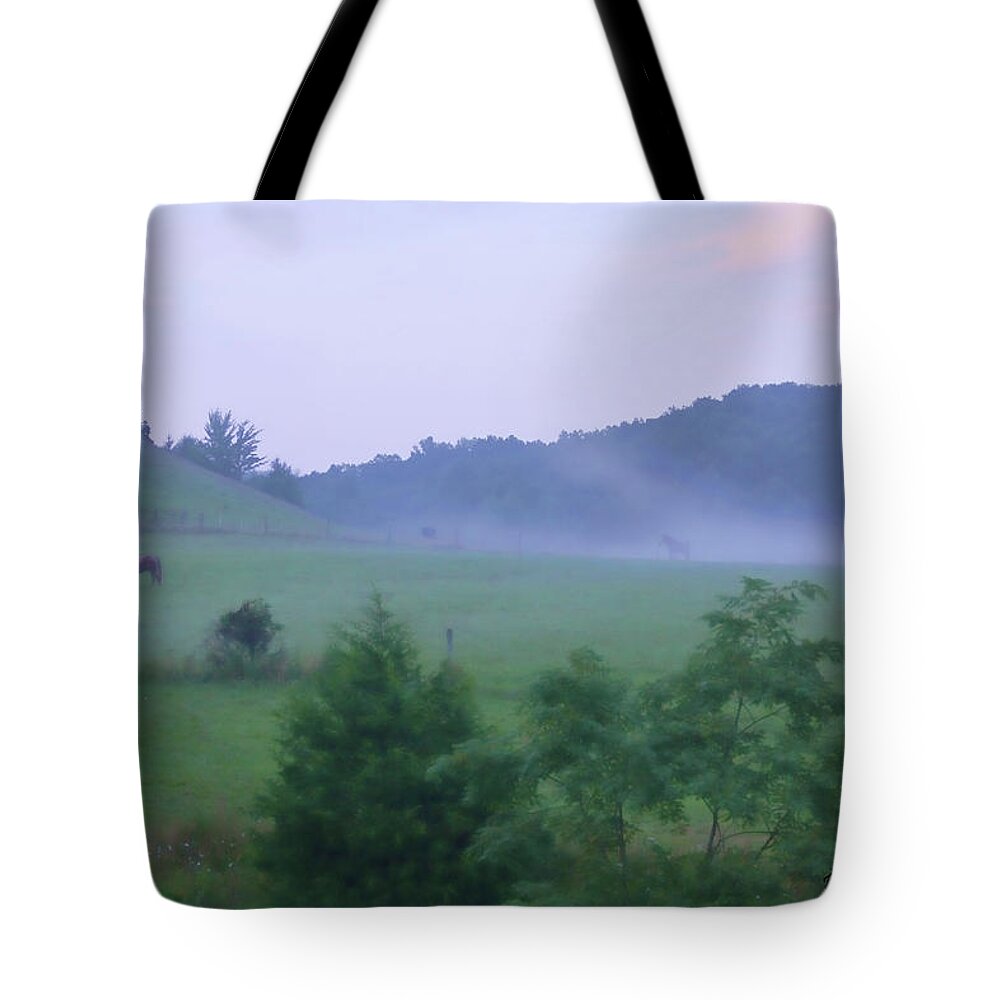 Horse Country Rural Trees Mountains Green Summer Tote Bag featuring the photograph Horses in the Mist by Denise Romano