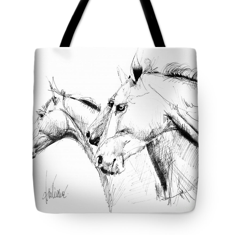 Horses Tote Bag featuring the drawing Horses - ink drawing by Daliana Pacuraru