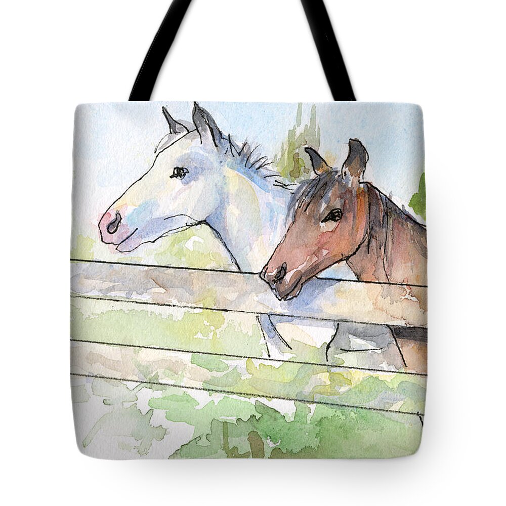 Watercolor Tote Bag featuring the painting Horses Watercolor Sketch by Olga Shvartsur