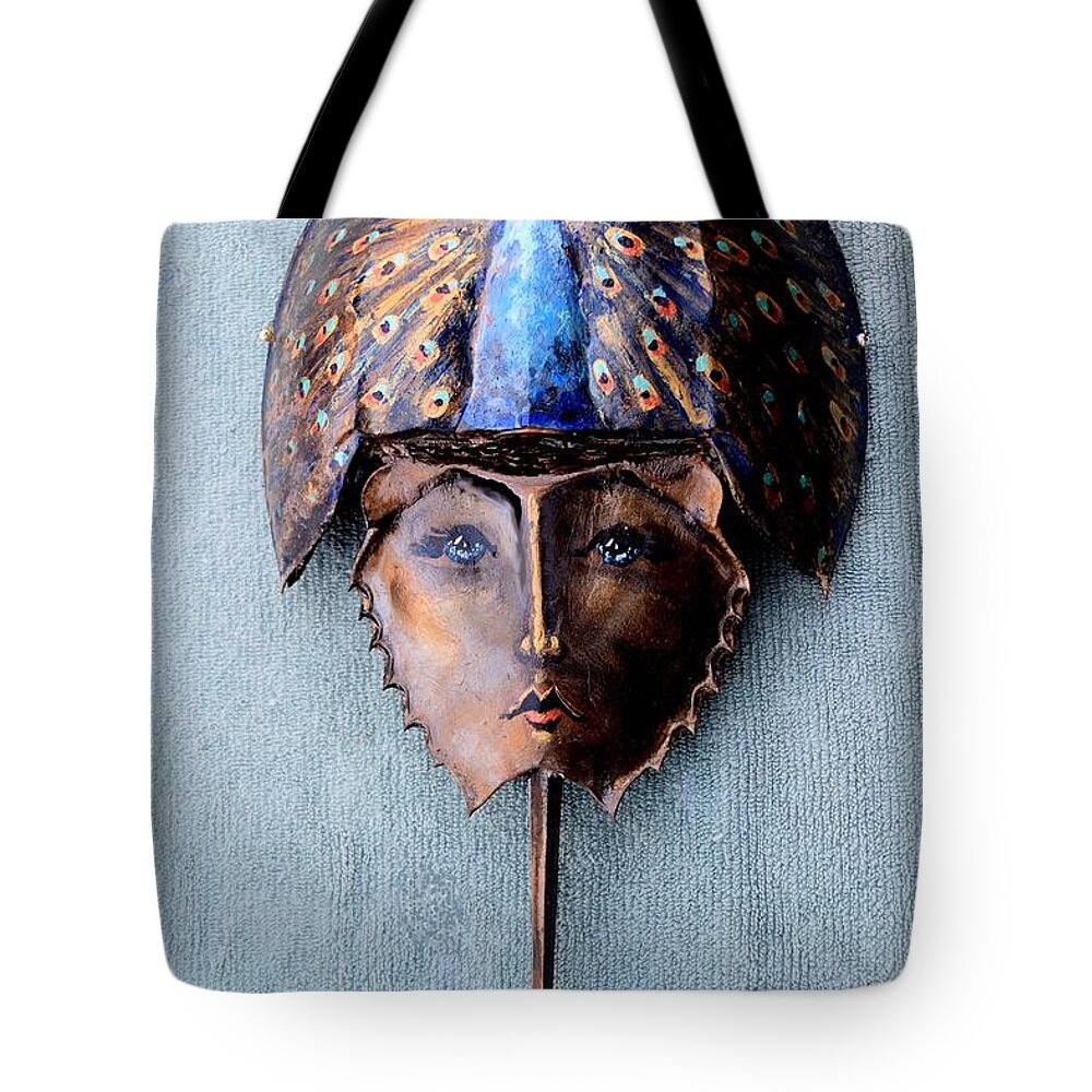 Roger Swezey Tote Bag featuring the sculpture Horseshoe Crab Mask Peacock Helmet by Roger Swezey