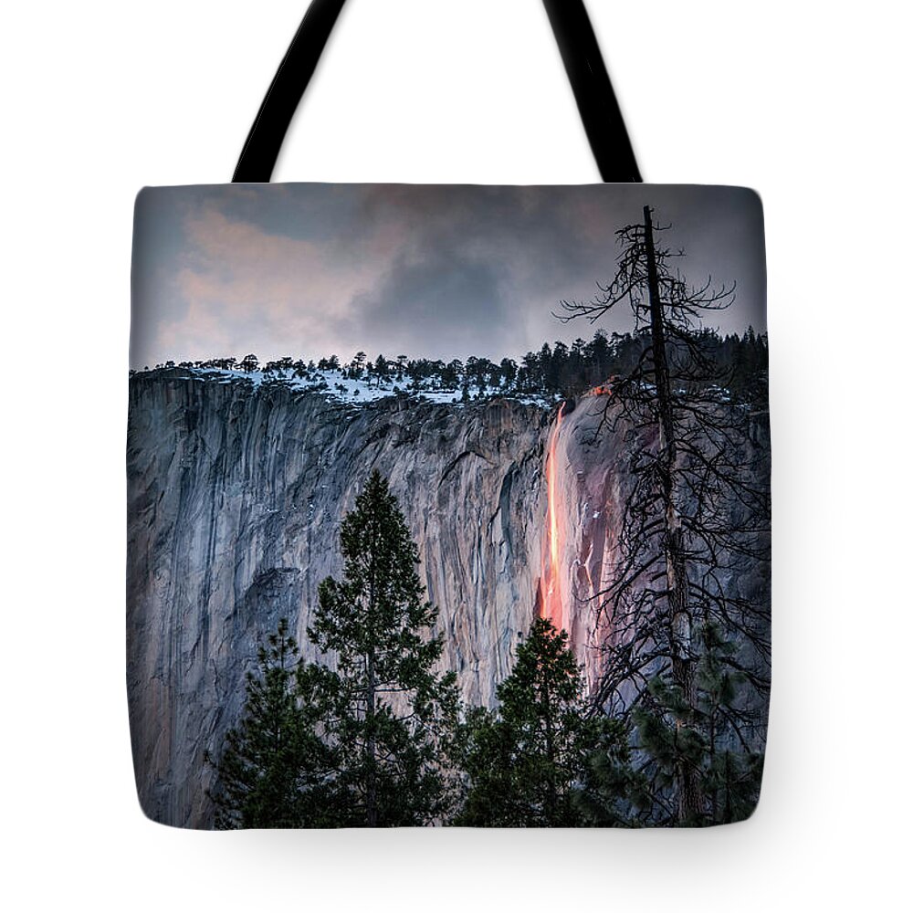 2017 Tote Bag featuring the photograph Horsetail Waterfall Glow 2017 by Connie Cooper-Edwards