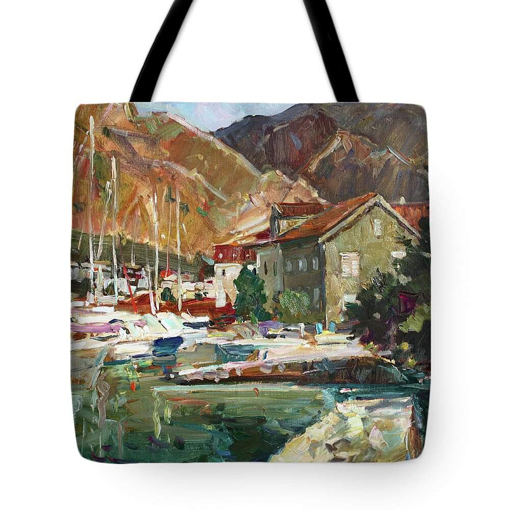 Painting Tote Bag featuring the painting Hot day at the marina by Juliya Zhukova