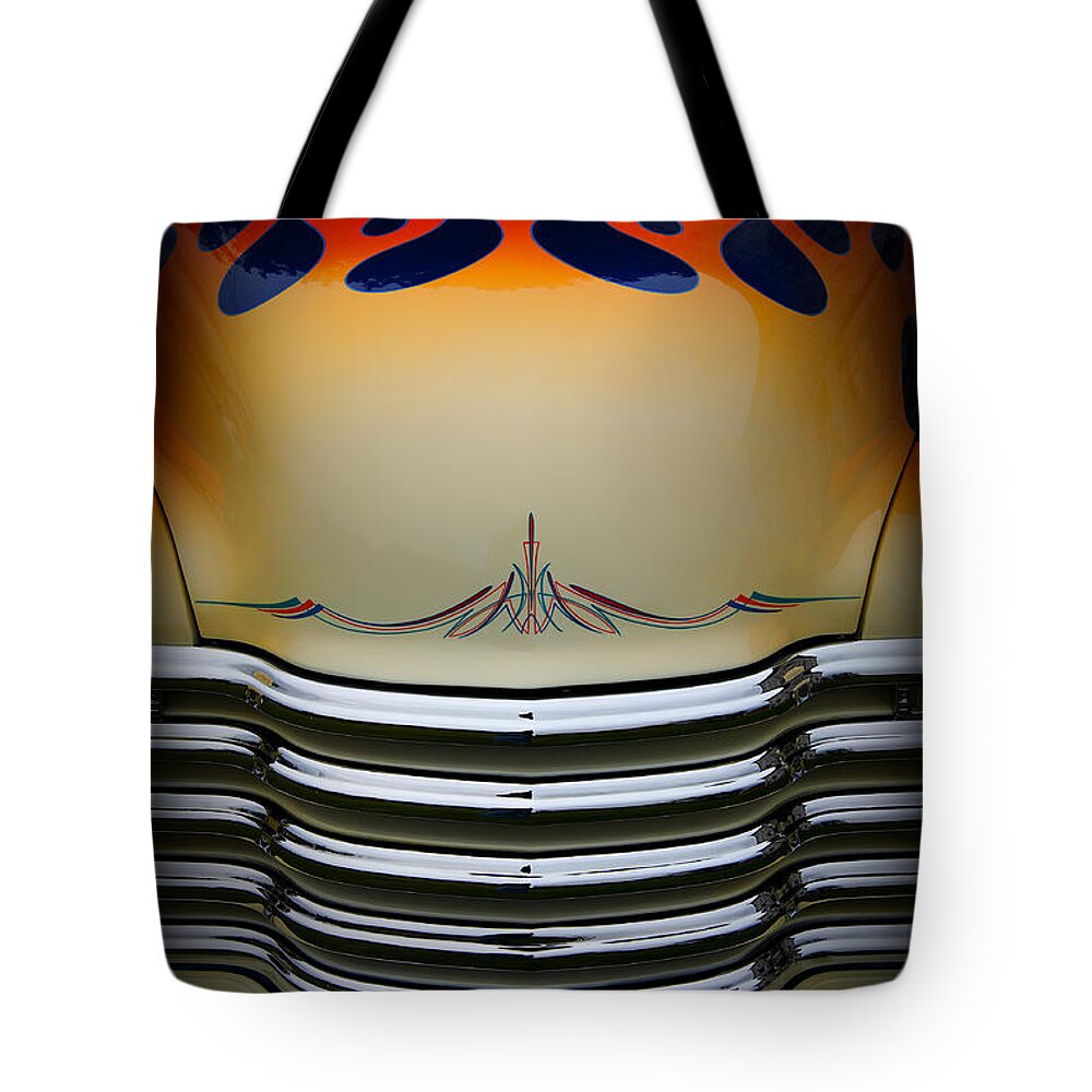 Hotrod Tote Bag featuring the photograph Hot Rod Truck Hood by Dick Pratt
