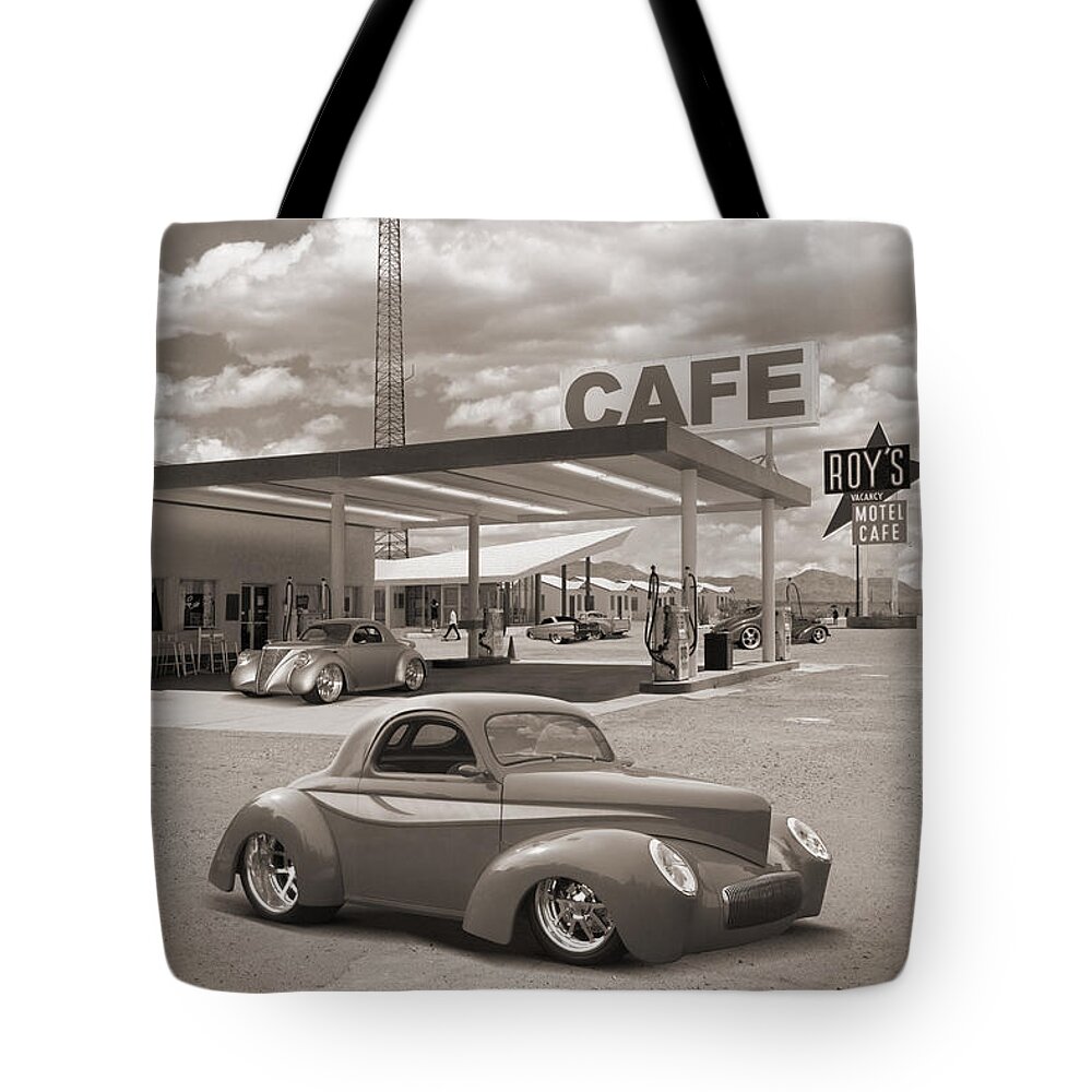 Street Rods Tote Bag featuring the photograph Hot Rods at Roy's Gas Station Sepia by Mike McGlothlen