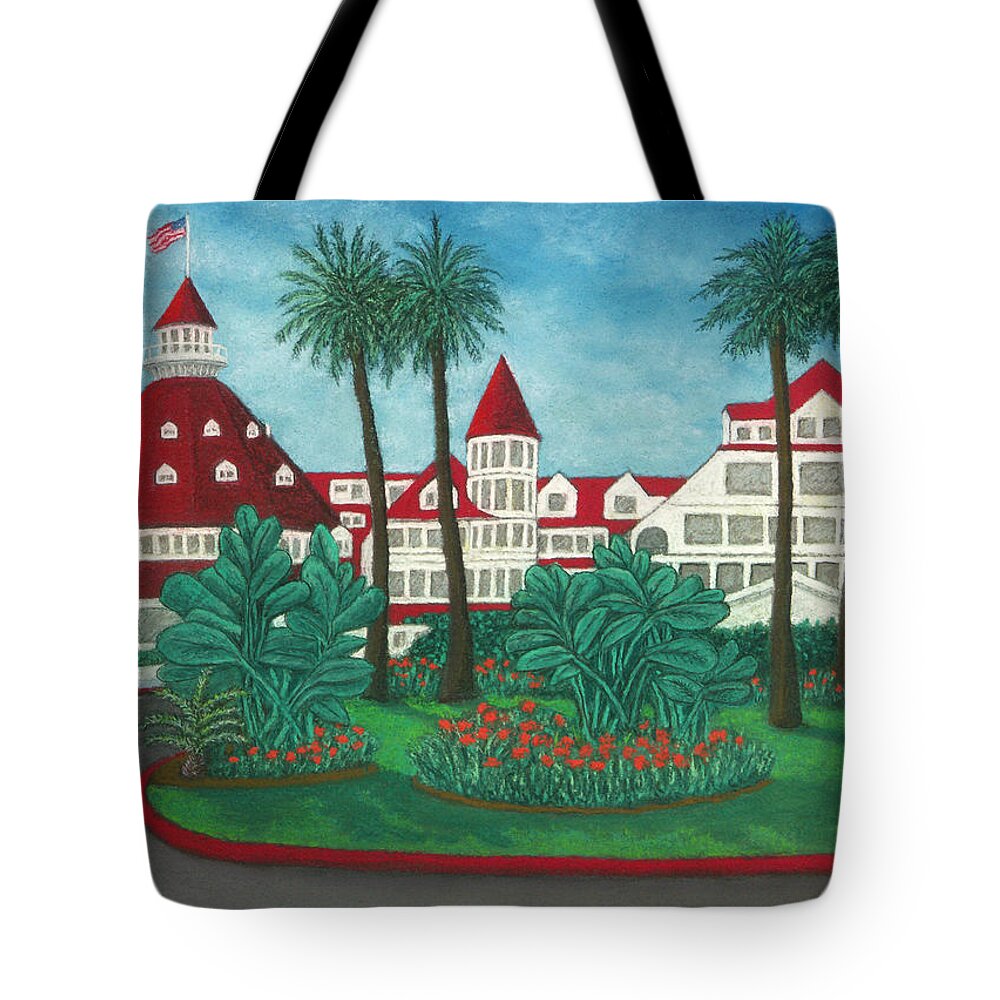 Hotel Tote Bag featuring the pastel Hotel Del Coronado by Michael Heikkinen