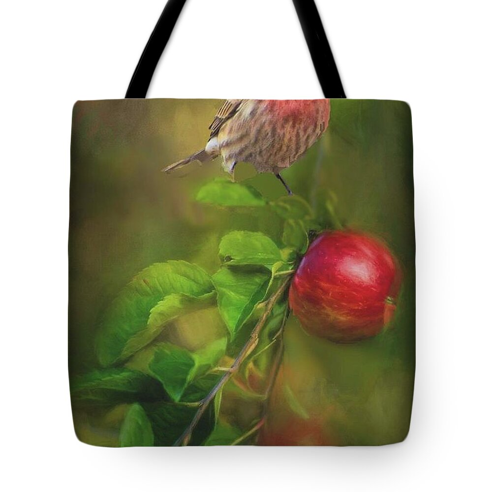 House Finch Tote Bag featuring the photograph House Finch on Apple Branch 2 by Janette Boyd