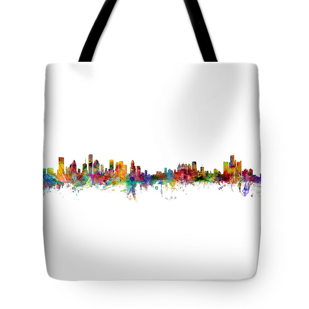 Detroit Tote Bag featuring the digital art Houston Detroit Skylines Mashup by Michael Tompsett