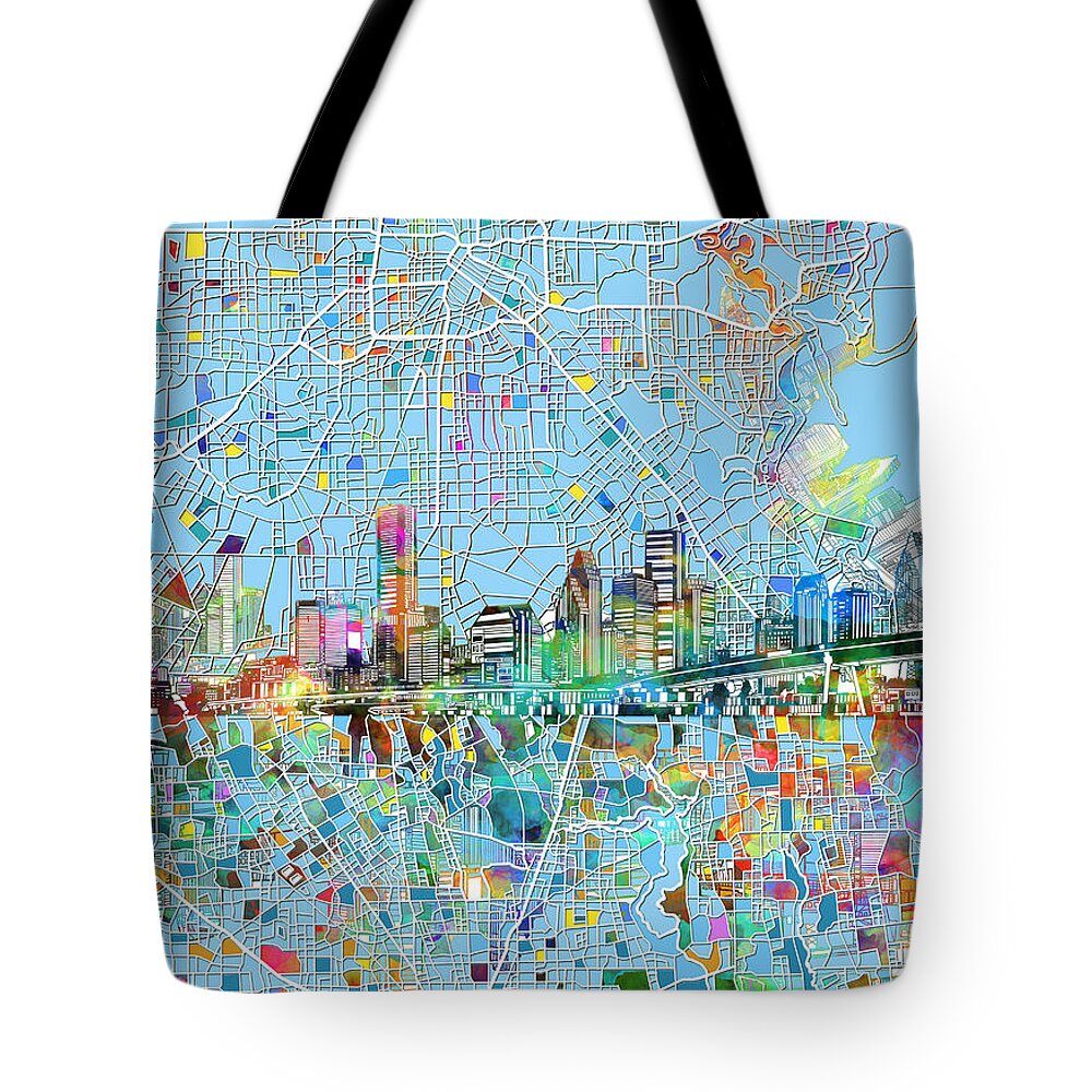 Houston Tote Bag featuring the painting Houston Skyline Map 4 by Bekim M