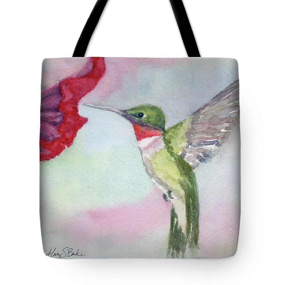 Bird Tote Bag featuring the painting Hovering Ruby by Mary Benke