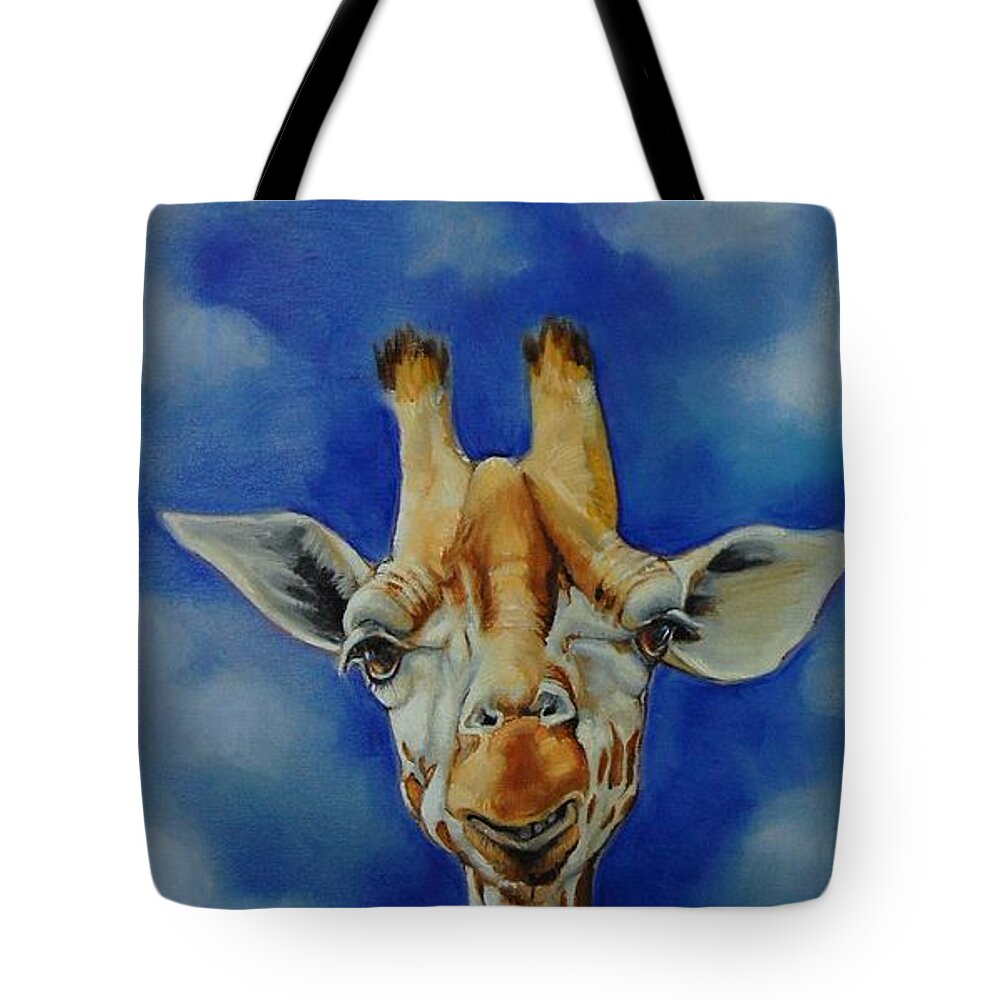 Giraffe Tote Bag featuring the painting How's The Air Up There? by Jean Cormier
