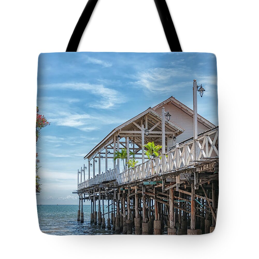 Boat Tote Bag featuring the photograph Hua Hin Beach Encroaching Restaurant Pier by Antony McAulay
