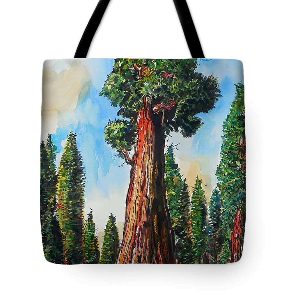 Watercolor Tote Bag featuring the painting Huge Redwood Tree by Terry Banderas