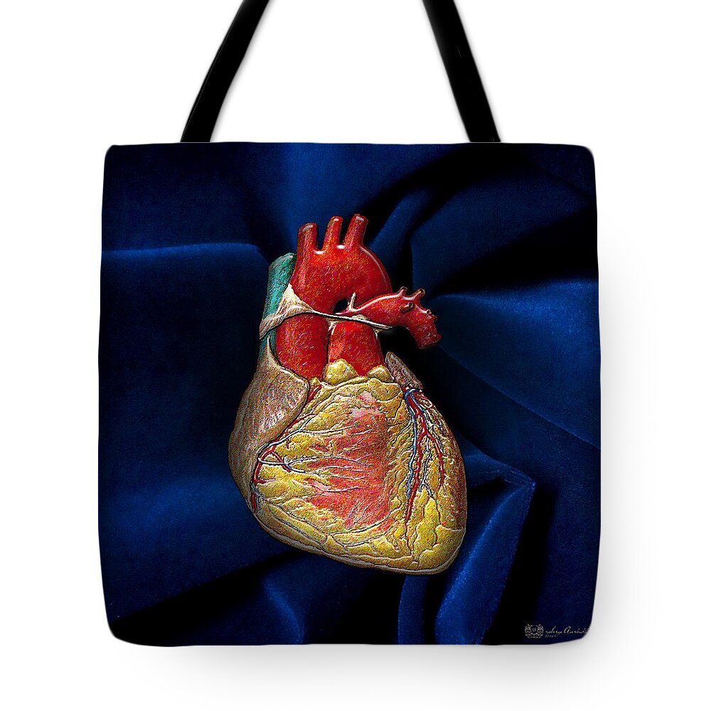 'inner Workings 3d' Collection By Serge Averbukh Tote Bag featuring the photograph Human Heart Over Blue Velvet by Serge Averbukh